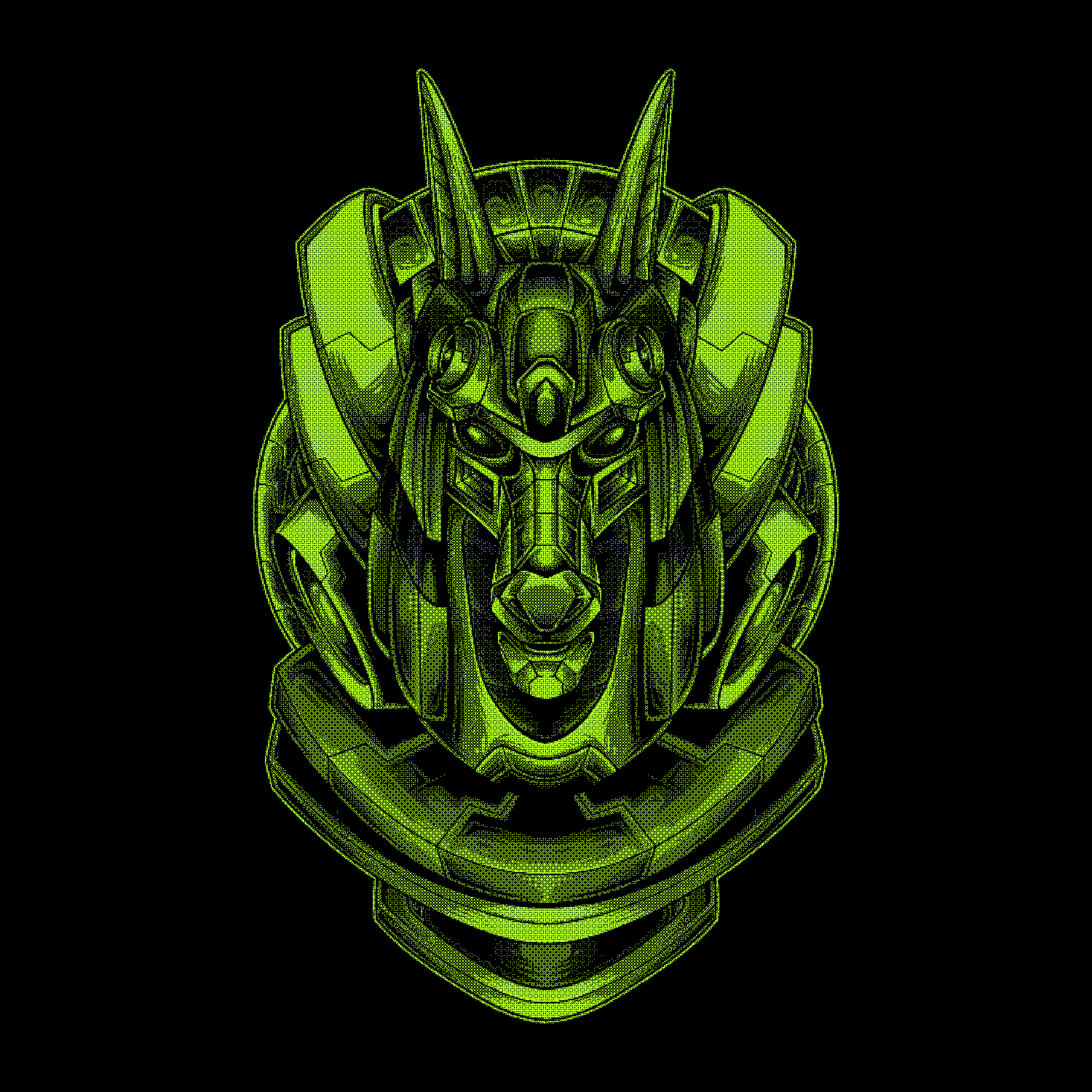 A cyberpunk-inspired digital illustration of a green Anubis figure with mechanical details. The figure’s face is armored, with intricate circuits and robotic components, creating a futuristic and menacing appearance against a black background.