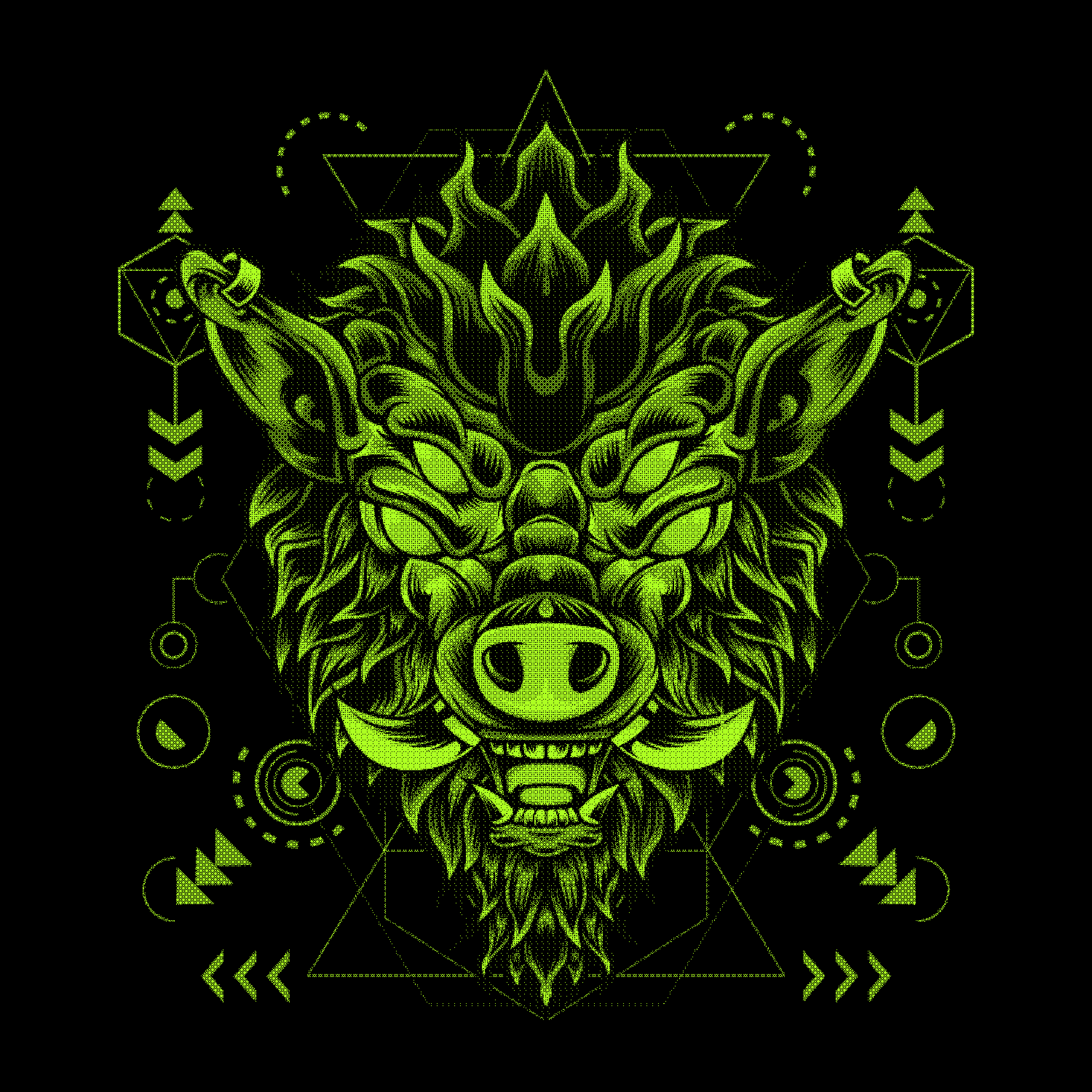 A digital illustration featuring a green, robotic boar head with mechanical and organic details. The design includes cybernetic tusks and fur, with symmetrical geometric patterns and glowing eyes, set against a black background.