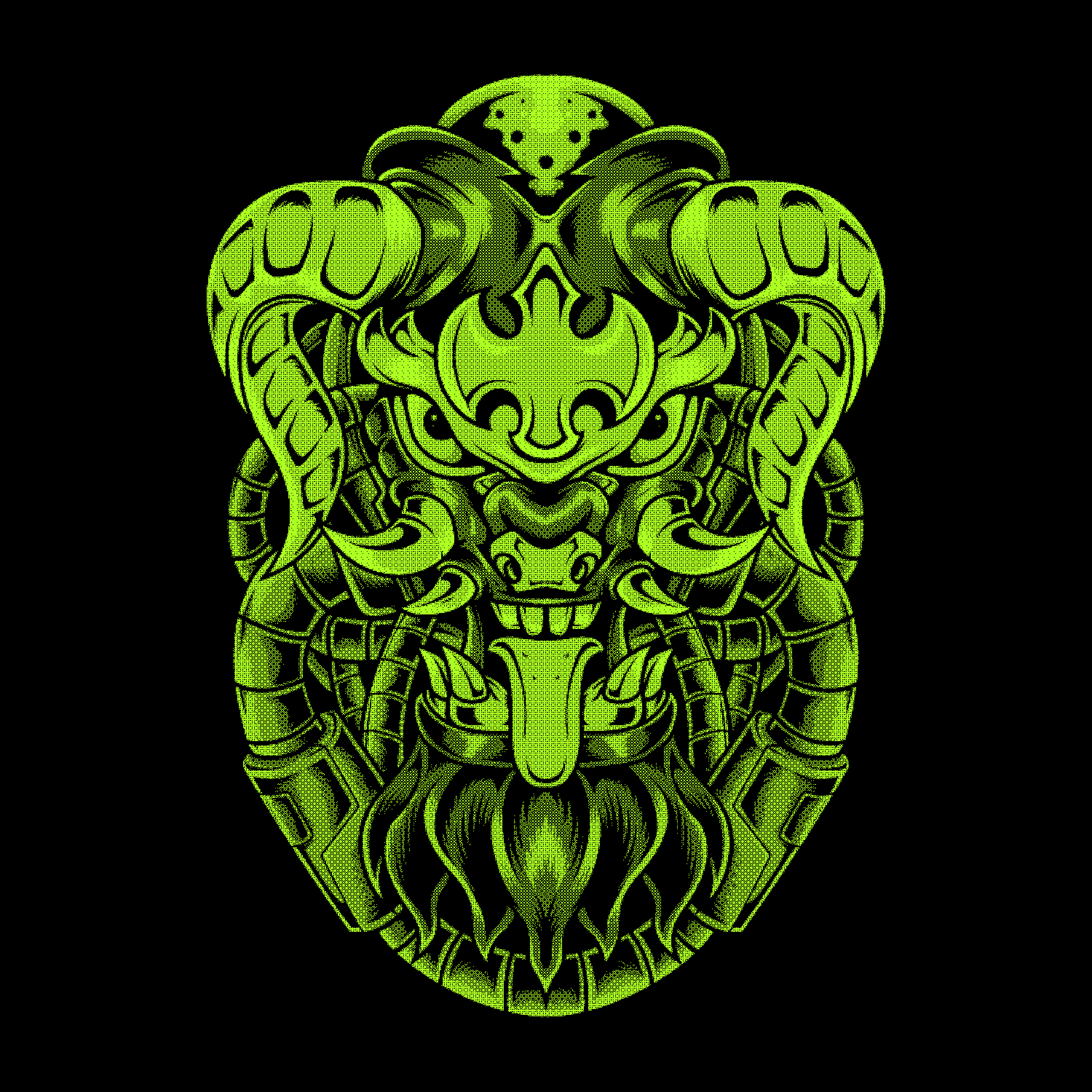 A digital illustration of a green, devilish creature with sharp fangs and a ferocious expression. The figure’s head is adorned with horns and mechanical details, with an overall symmetrical design, set against a black background.