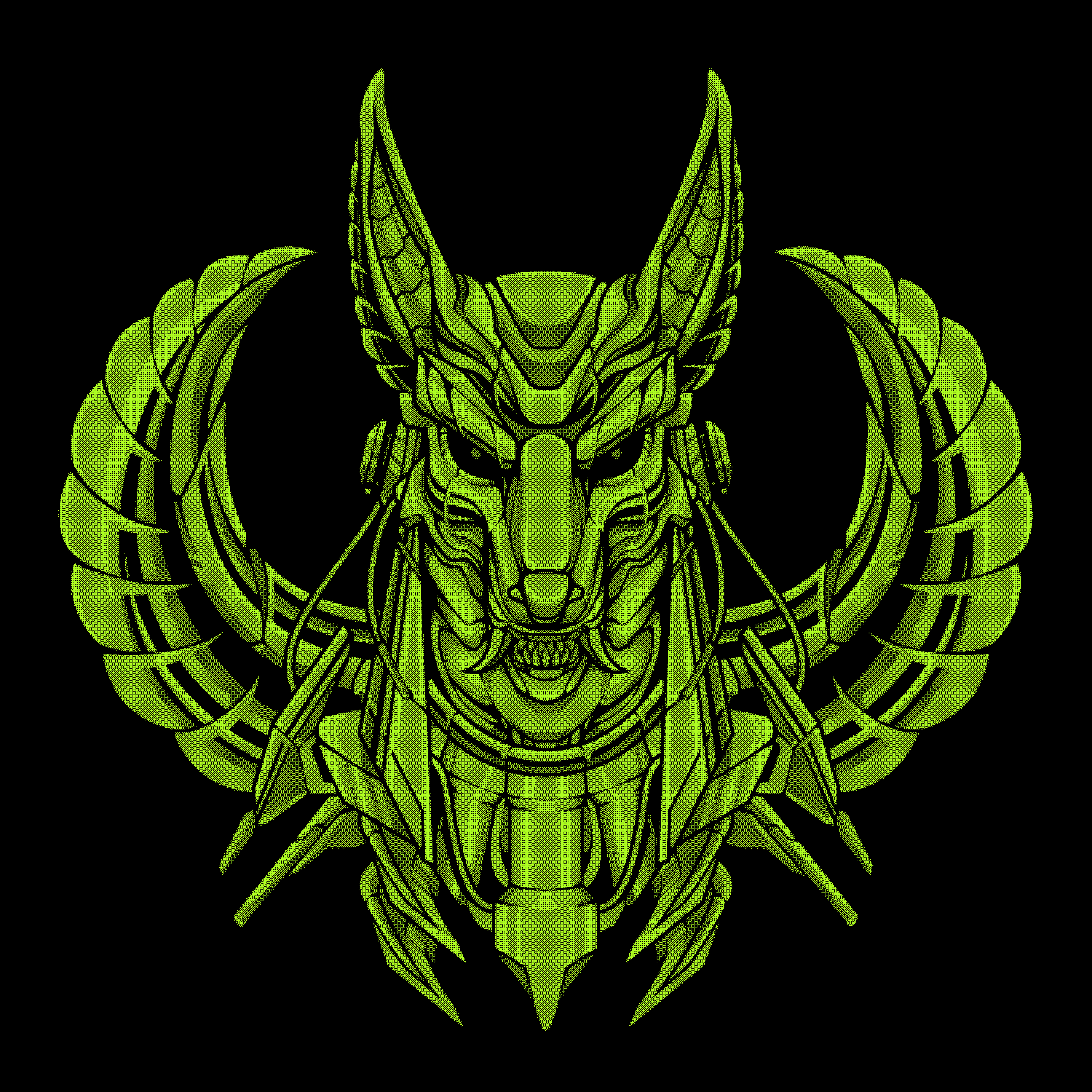 This is a digital illustration featuring a green, futuristic Anubis, the ancient Egyptian god, with mechanical and cybernetic elements. The symmetrical design shows Anubis with stylized armour and intricate geometric details, all set against a black background.