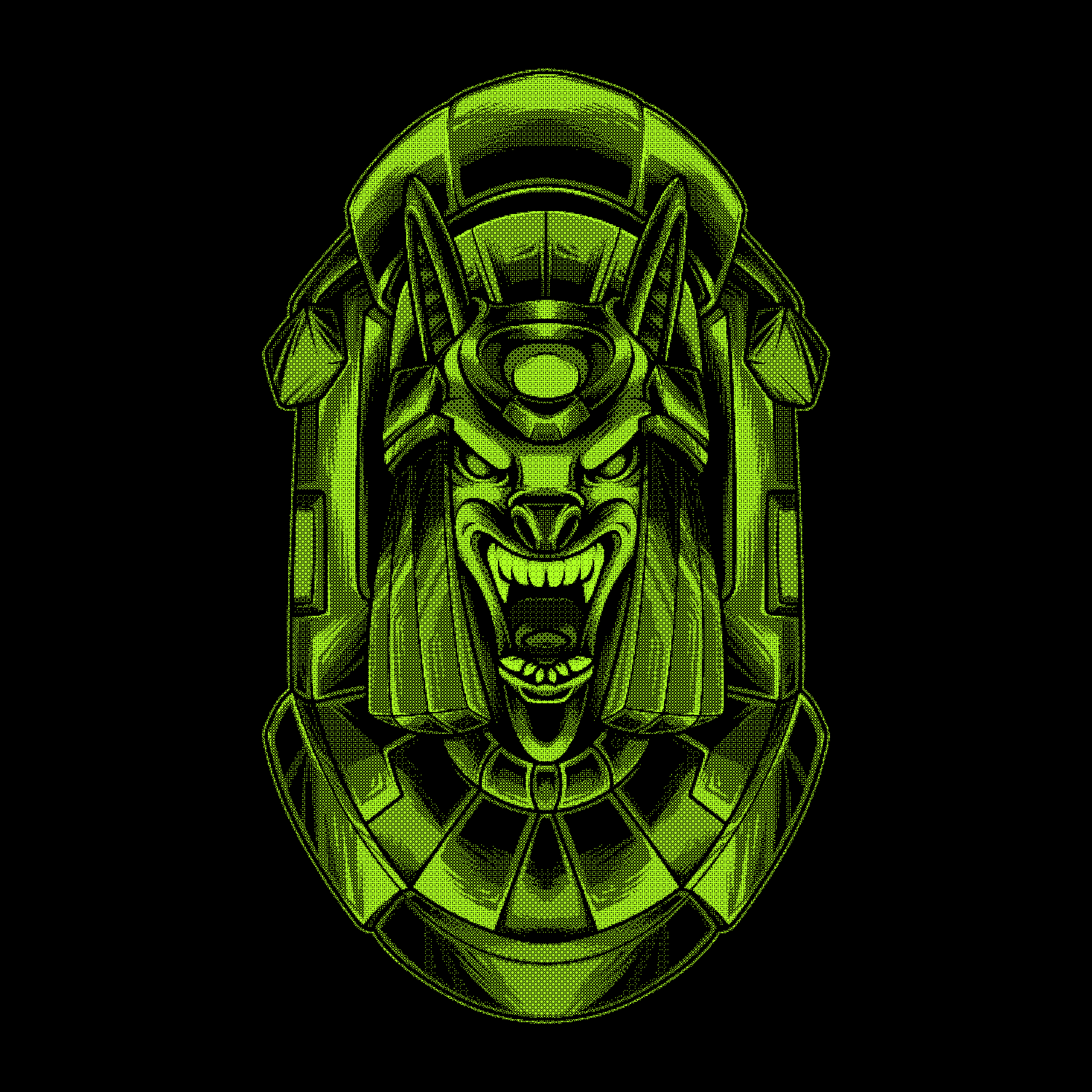 This is a digital artwork of a green, cybernetic Anubis head. The design features angular armour, sharp metallic details, and glowing elements, capturing a futuristic and robotic take on the ancient deity, set against a black background.