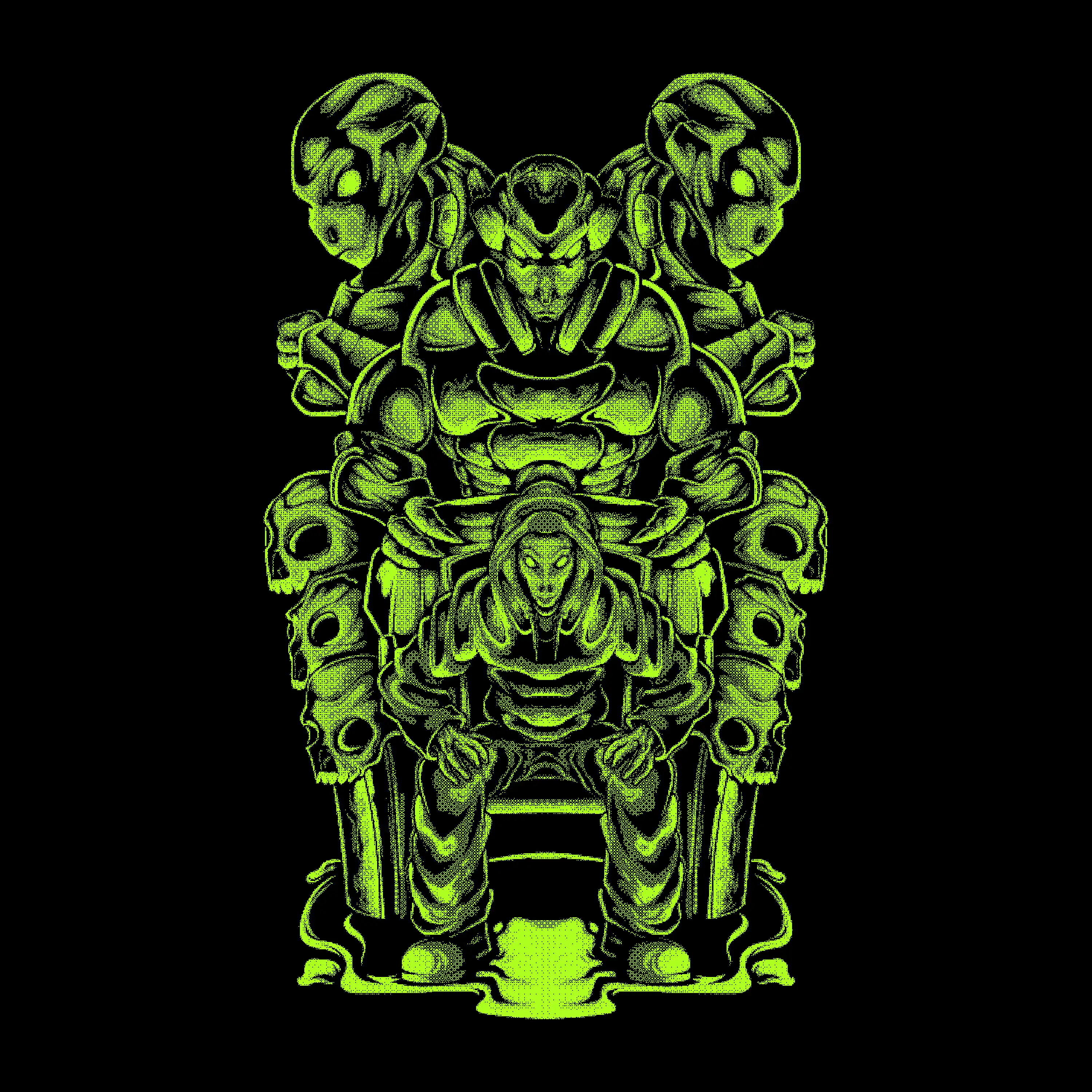 An intricate and abstract digital artwork featuring a green, futuristic, humanoid figure sitting in a throne-like position with multiple layered robotic and alien-like faces, giving a cyberpunk and biomechanical appearance against a black background.