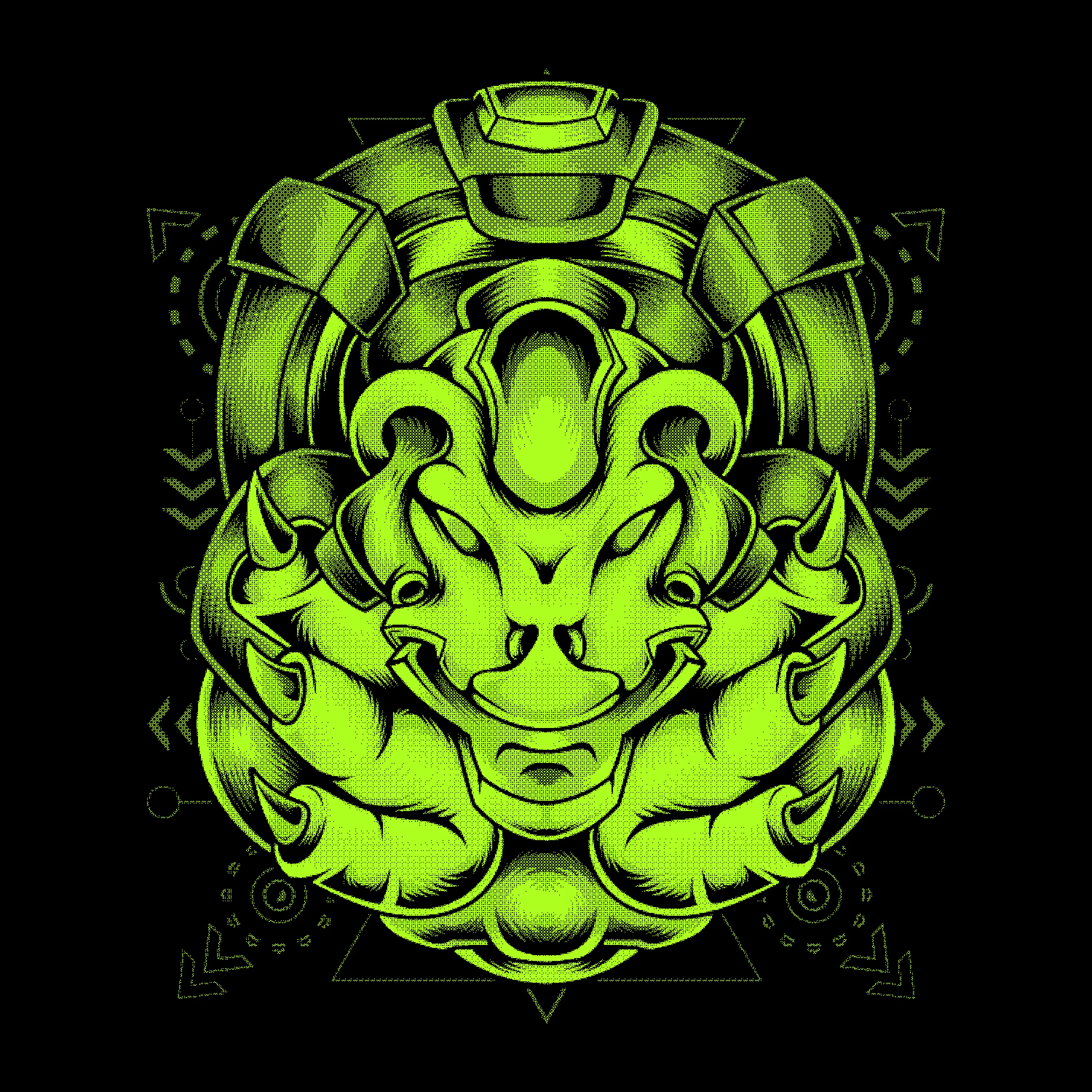 A digital artwork featuring a green, mechanical creature with a beast-like face and layered, armor-like segments. The design is symmetrical, incorporating intricate geometric patterns and shapes, giving it a cybernetic, futuristic appearance against a black background.