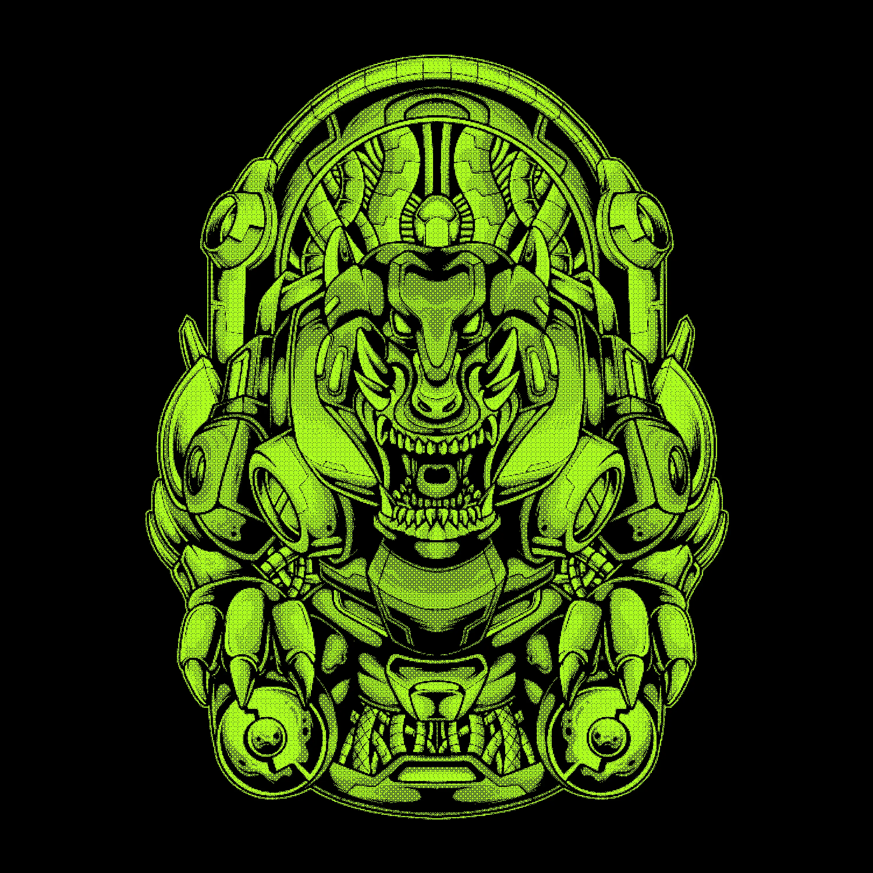 A digital illustration of a menacing, cyberpunk-inspired creature with a snarling face, sharp teeth, and mechanical components integrated into its body. The design features futuristic armor, robotic limbs, and wires, creating a highly detailed and symmetrical composition in neon green against a black background.