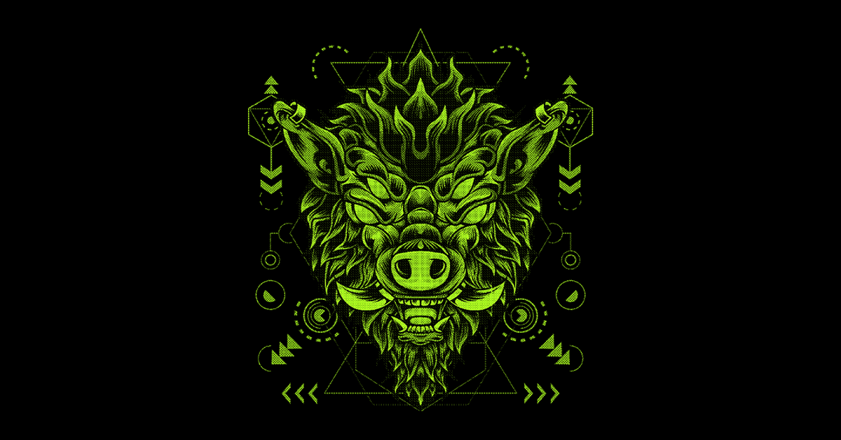 A digital illustration featuring a green, robotic boar head with mechanical and organic details. The design includes cybernetic tusks and fur, with symmetrical geometric patterns and glowing eyes, set against a black background.