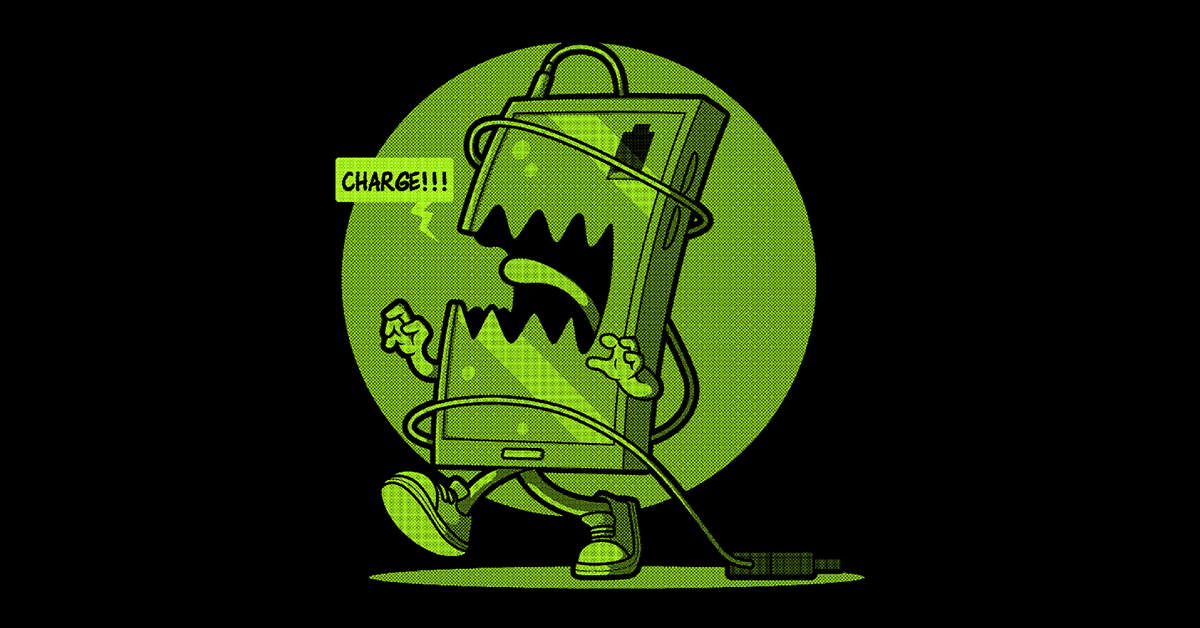 An illustration of a cartoon-like mobile phone character with an aggressive expression, demanding to be charged. The phone's screen has a jagged, open mouth, and it appears to be yelling 'CHARGE!!!' in a speech bubble. The device is wrapped in a charging cable, and its hands are clenched in an intense pose. The entire image has a green, halftone style with a grunge effect, giving it a retro, hacker-themed vibe