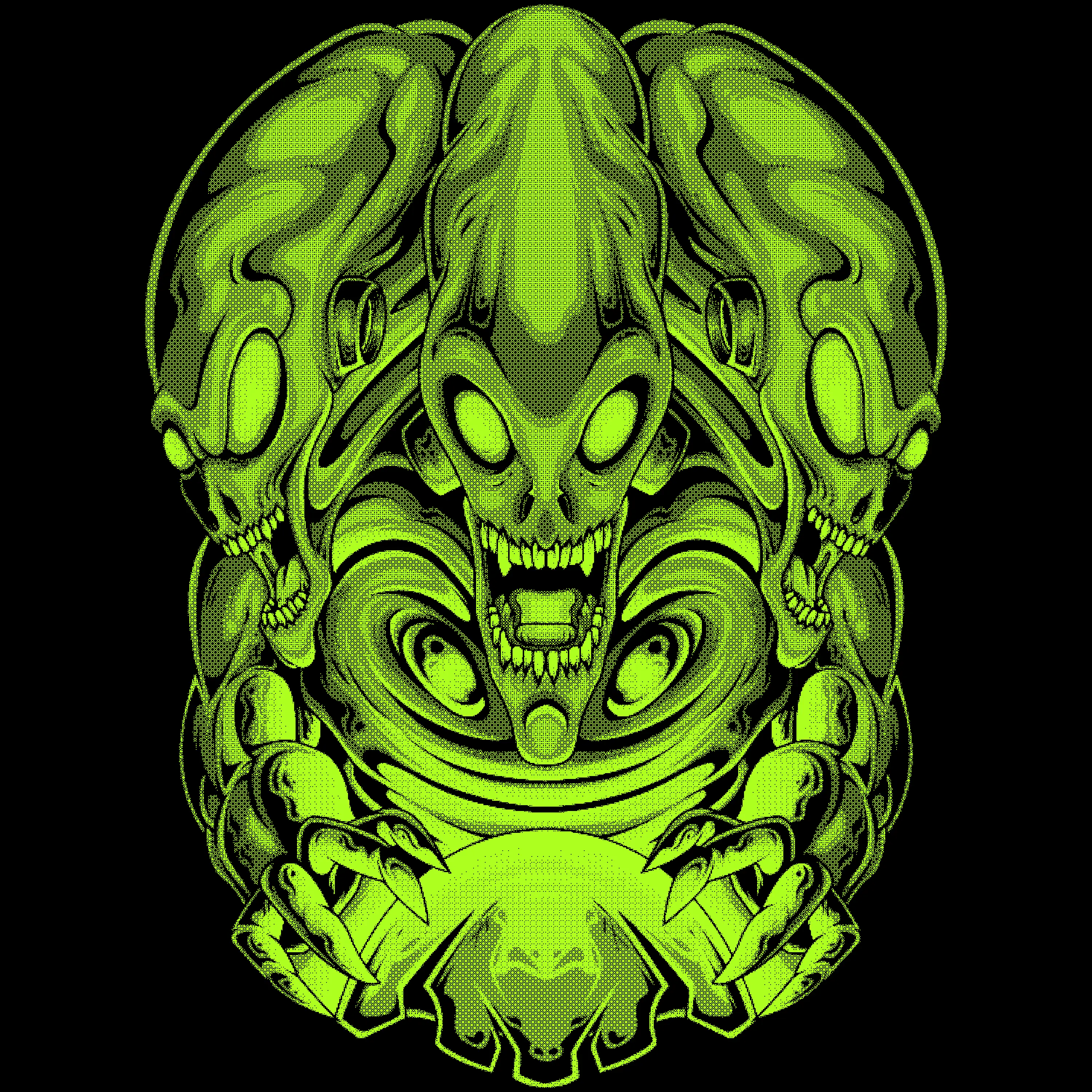 A digital illustration of a green, monstrous alien figure with an elongated head, sharp teeth, and glowing eyes. The design features multiple skulls and clawed hands, giving it a nightmarish, extraterrestrial appearance with a symmetrical composition, all set against a black background.