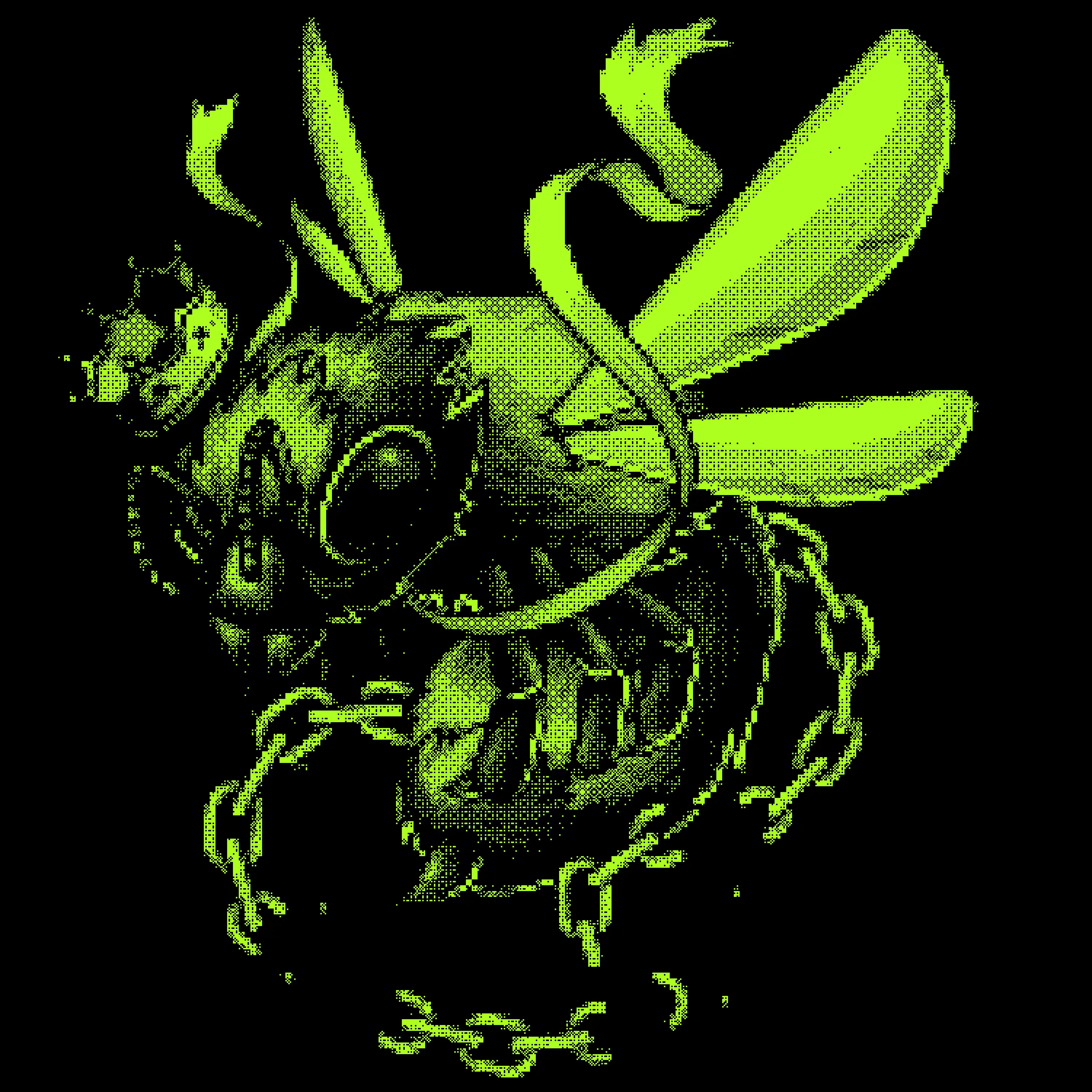 altText of the imageA stylized digital illustration of a bee with a crowned head, displaying exaggerated, mechanical-like features. The bee has large wings, a segmented body, and chains wrapped around its midsection. The image is rendered in a pixelated green color scheme against a black background, giving it a cyberpunk or glitch art aesthetic.