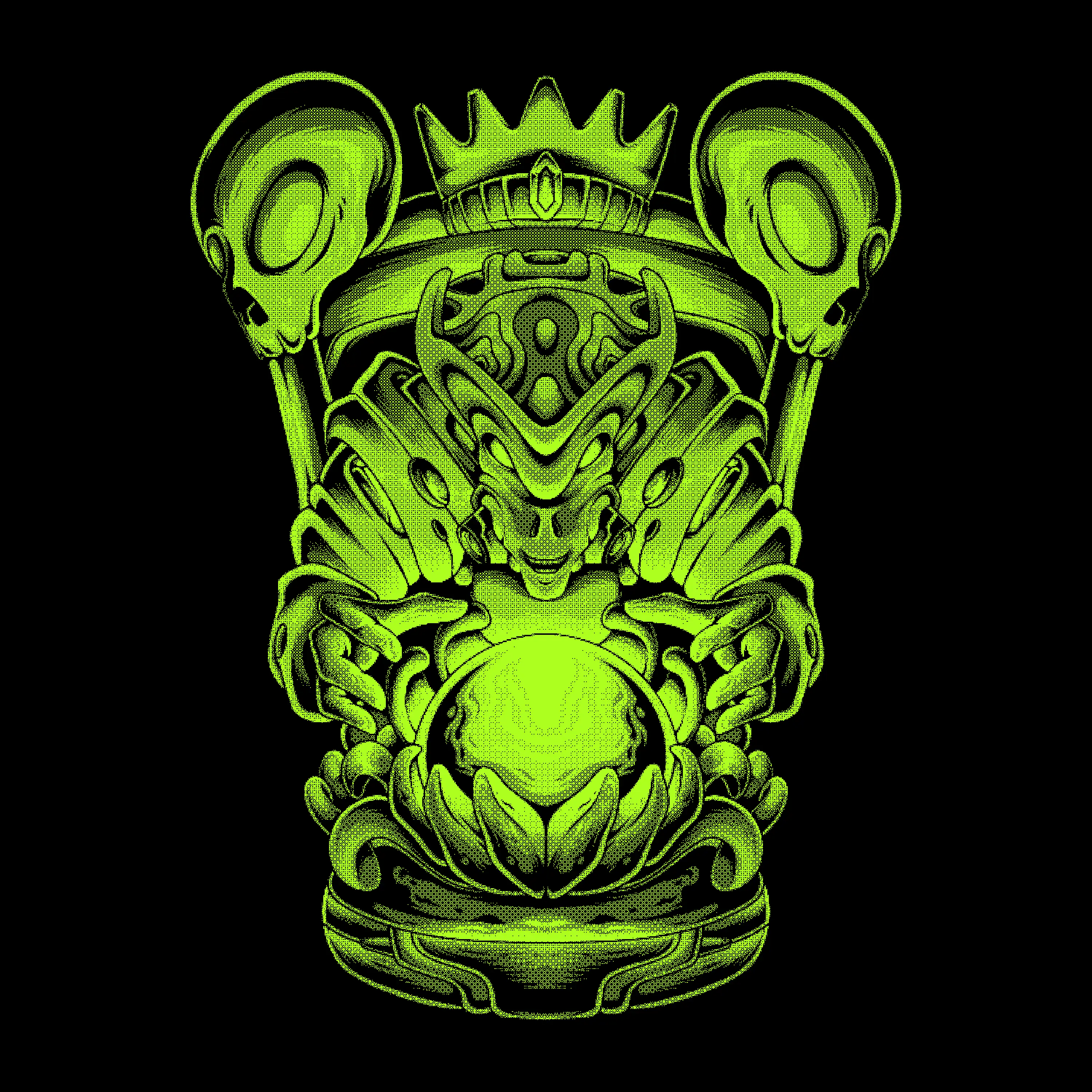 A digital illustration of a green, alien-like sorcerer figure holding a glowing crystal ball. The character is adorned with intricate, armour-like details, with skulls and geometric patterns in the background, giving it a mystical and futuristic appearance, all set against a black background.